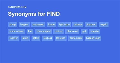  See more definitions, phrases, and examples of find. . Another word for find